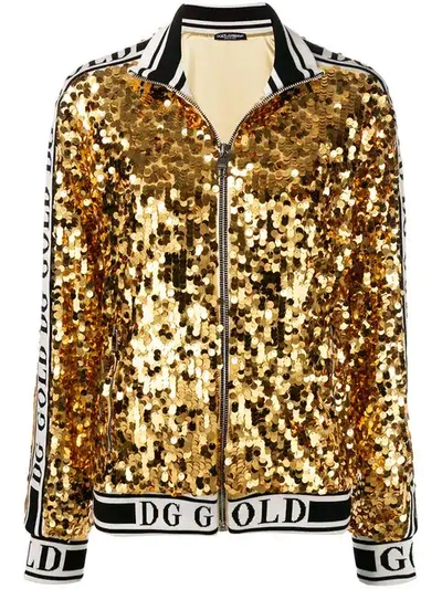 Shop Dolce & Gabbana Branded Sequinned Bomber Jacket In Gold