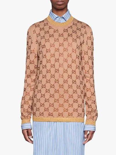 Shop Gucci Sweater With Crystal Gg Motif In Neutrals