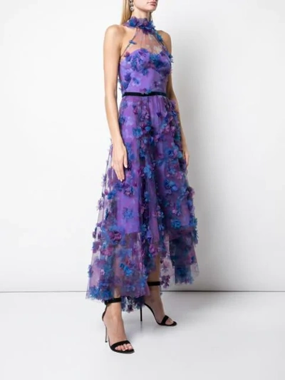 Shop Marchesa Notte Floral Embroidered Dress In Purple