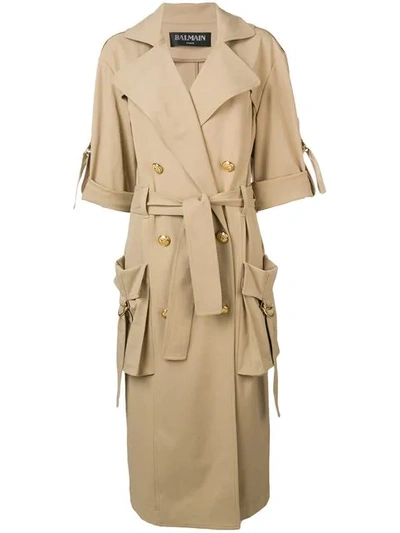 Shop Balmain Double Breasted Trench Coat In Brown
