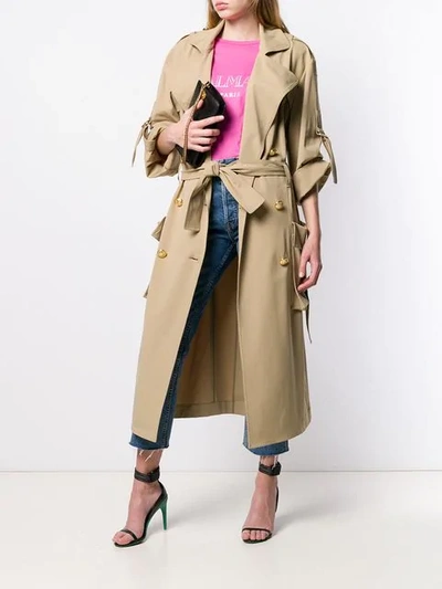 Shop Balmain Double Breasted Trench Coat In Brown