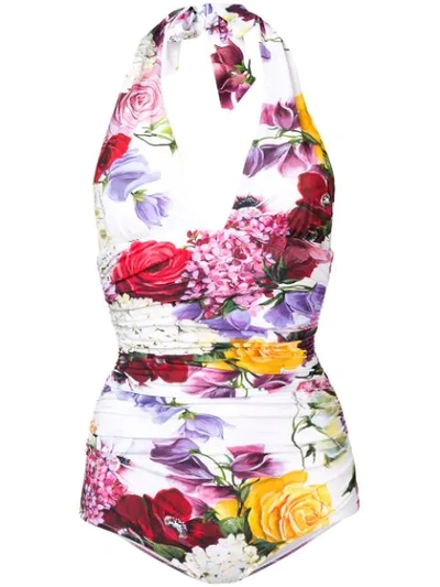 Shop Dolce & Gabbana Floral Print Swimsuit In White