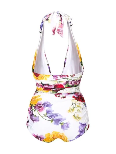 Shop Dolce & Gabbana Floral Print Swimsuit In White