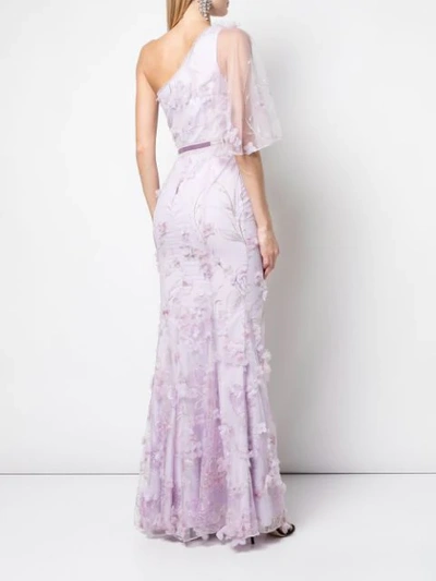 Shop Marchesa Notte One Shoulder Floral Evening Gown In Purple