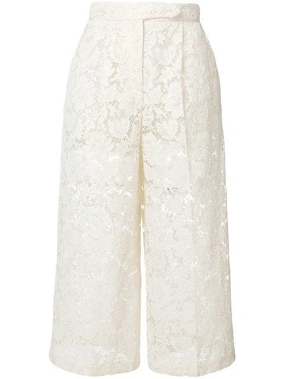Shop Valentino Sheer Lace Cropped Trousers In Neutrals