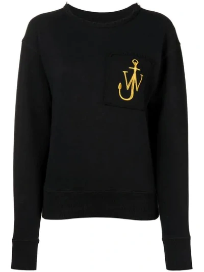 Shop Jw Anderson Washed Black Raw-edge Logo Sweatshirt With Pocket Detail