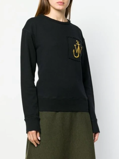 Shop Jw Anderson Washed Black Raw-edge Logo Sweatshirt With Pocket Detail