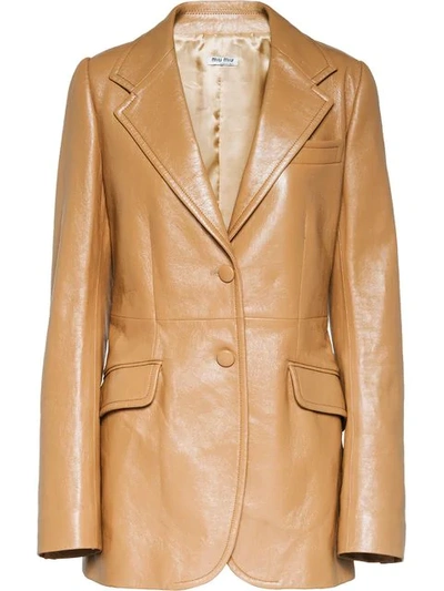 Shop Miu Miu Classic Leather Jacket In Brown