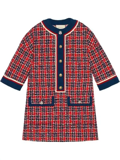 Shop Gucci Tweed Check Tunic Dress In Red