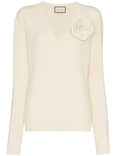 Shop Gucci Flower Appliqué Cashmere Sweater In White