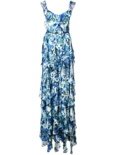 Shop Marchesa Notte Long Sleeveless Ruffle Dress In Blue