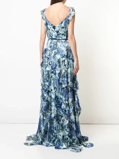 Shop Marchesa Notte Long Sleeveless Ruffle Dress In Blue