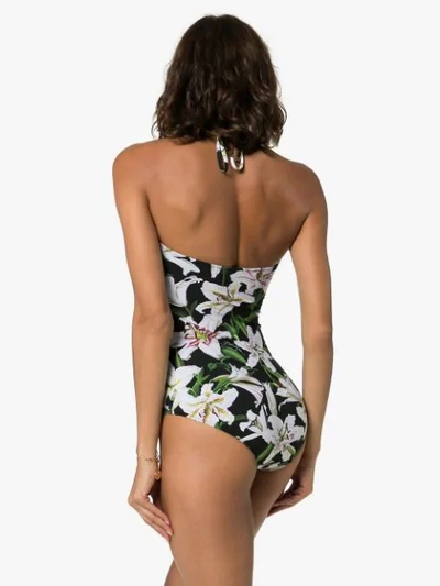 Shop Dolce & Gabbana Lily-print Halterneck Swimsuit In Black