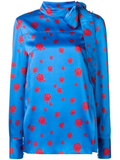 Shop Kenzo Roses Pussybow Blouse In Blue