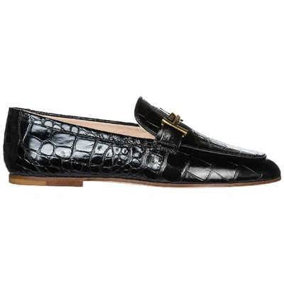 Shop Tod's Double T Crocodile Effect Embossed Loafers In Black