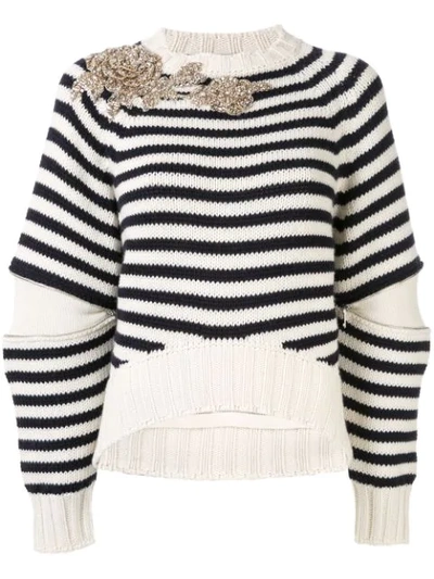 Shop Alexander Mcqueen Embellished Striped Knit Sweater In 9131 Ivory/navy/crystal