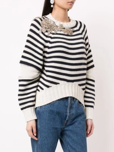 Shop Alexander Mcqueen Embellished Striped Knit Sweater In 9131 Ivory/navy/crystal