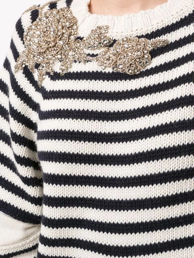 Shop Alexander Mcqueen Embellished Striped Knit Sweater In 9131 Ivory/navy/crystal