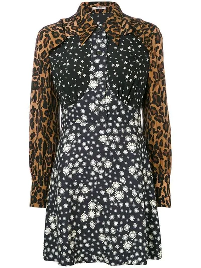 Shop Miu Miu Printed Ruched Mini Shirt Dress In Black