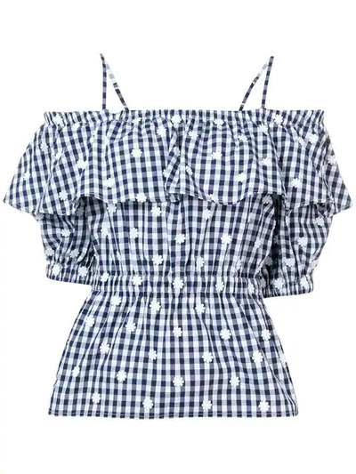 Shop Perseverance London Gingham Cold Shoulder Daisy Top In Blue