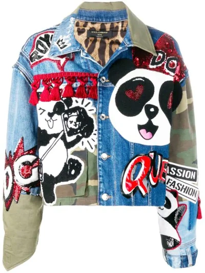 Shop Dolce & Gabbana Panda Camouflage Denim Jacket In Blue