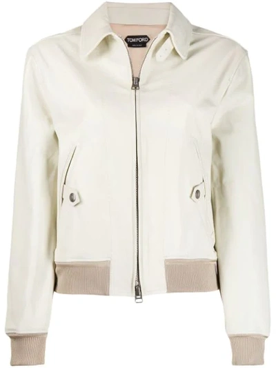 Shop Tom Ford Leather Bomber Jacket - Neutrals