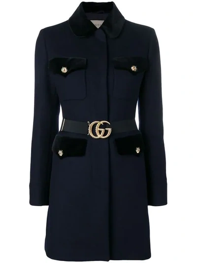 GUCCI VELVET-TRIMMED SINGLE BREASTED COAT - 蓝色