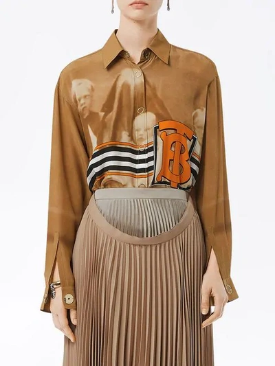 Shop Burberry Victorian Portrait Print Silk Shirt In Brown