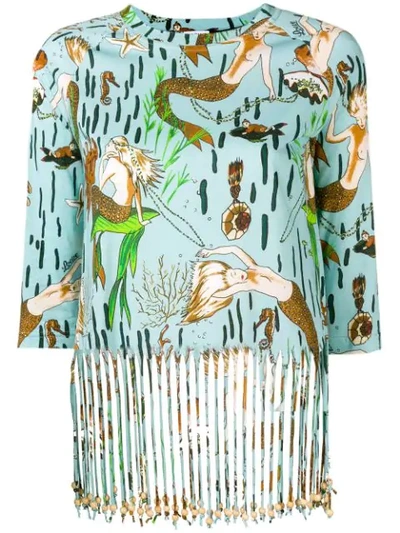 Shop Loewe X Paula`s Ibiza Mermaid Print Fringed T In Blue