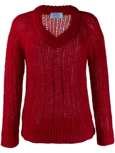 Shop Prada Chunky Knit V-neck Jumper In Red