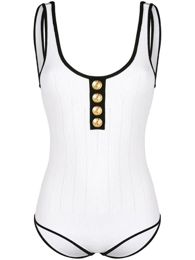 Shop Balmain Button Embellished Bodysuit In White