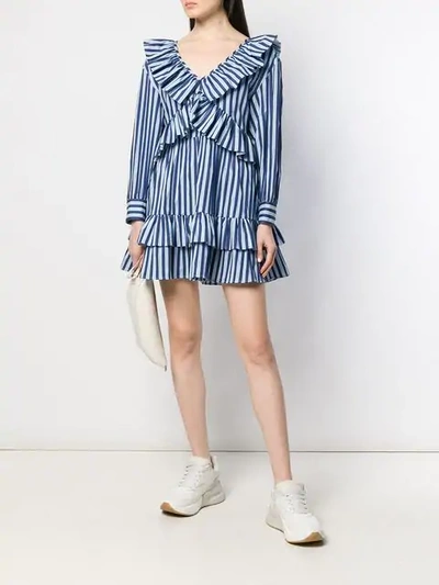 Shop Msgm Striped Ruffle Mini Dress In Blue