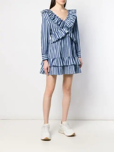 Shop Msgm Striped Ruffle Mini Dress In Blue