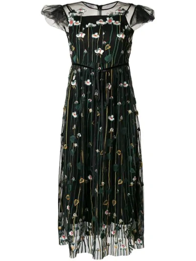 Shop Red Valentino Embroidered Tulle Cap Sleeve Midi Dress In Black