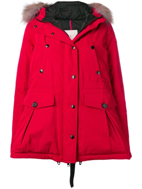 red moncler with fur hood
