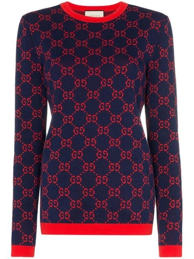 Shop Gucci Gg Motif Cotton Sweater In 4668 Blue/red