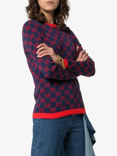 Shop Gucci Gg Motif Cotton Sweater In 4668 Blue/red