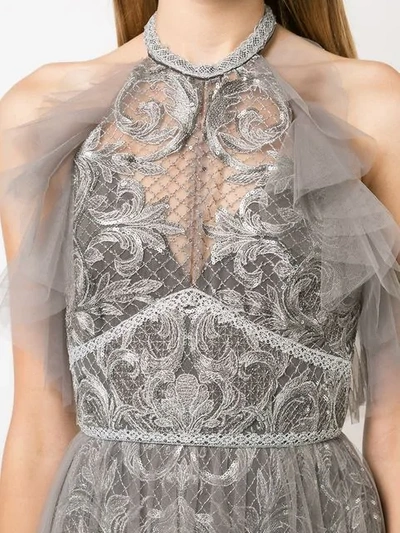 Shop Marchesa Notte Tulle Halterneck Gown In Grey