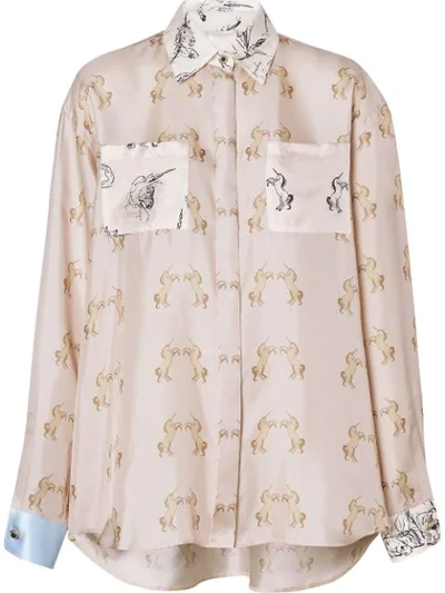 Shop Burberry Contrast Unicorn Print Silk Twill Shirt In Neutrals