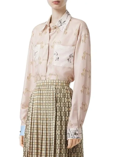 Shop Burberry Contrast Unicorn Print Silk Twill Shirt In Neutrals