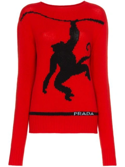 Shop Prada Monkey Intarsia Wool Cashmere Blend Jumper - Red