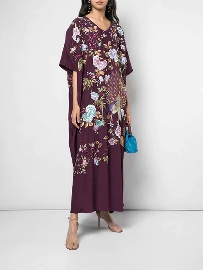 Shop Josie Natori Couture Floral Embroidered Kaftan In Purple