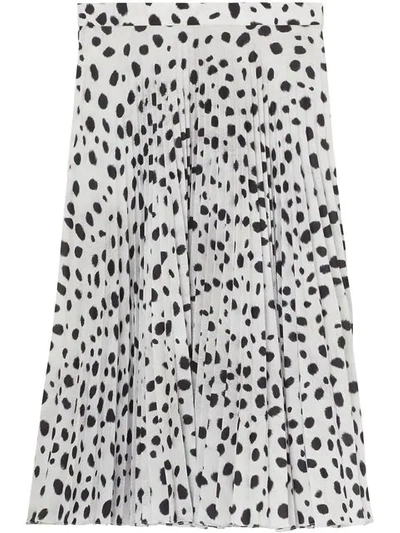 Shop Burberry Dalmatian Print Crepe Pleated Skirt In White