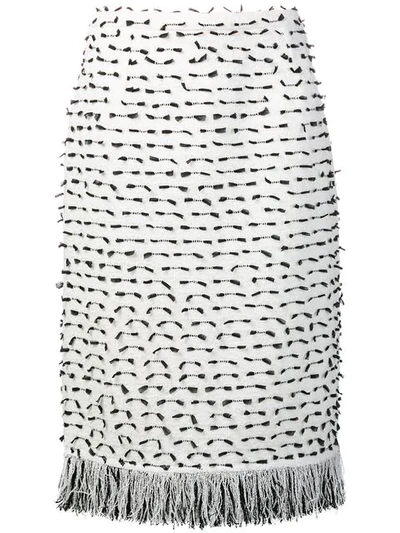 Shop Oscar De La Renta Fringed Ribbon Tweed Skirt In White