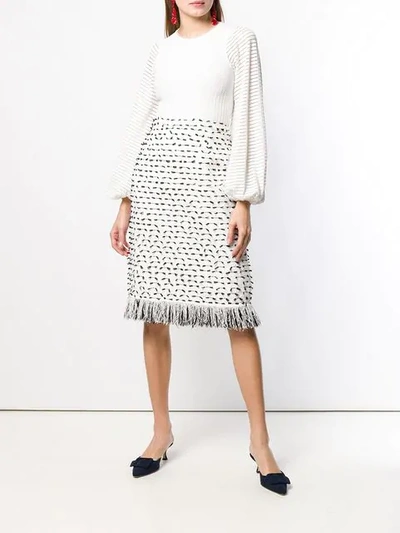 Shop Oscar De La Renta Fringed Ribbon Tweed Skirt In White