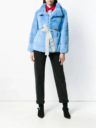 Shop Liska Longsleeved Belted Waist Jacket In Blue