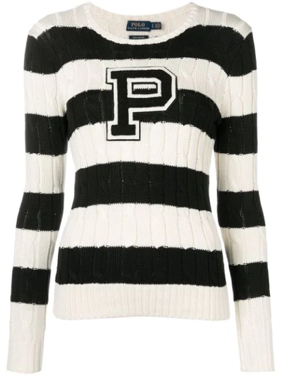 Shop Polo Ralph Lauren Striped Cable Knit Sweater In White