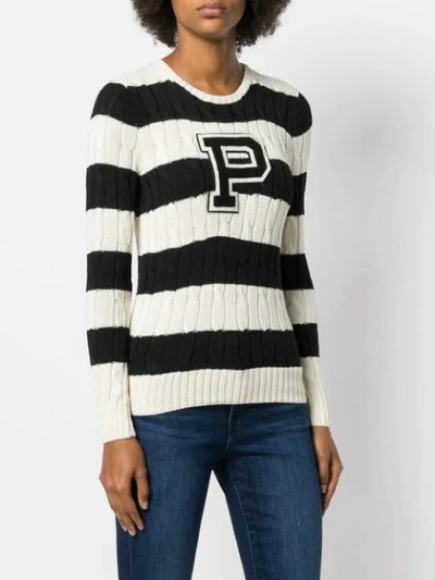 Shop Polo Ralph Lauren Striped Cable Knit Sweater In White