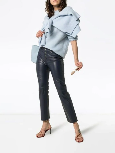 Shop Joseph Navy Den Buttoned Cropped Leather Trousers In Blue