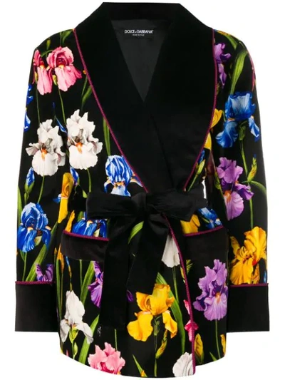 Shop Dolce & Gabbana Peony Print Belted Coat In Black